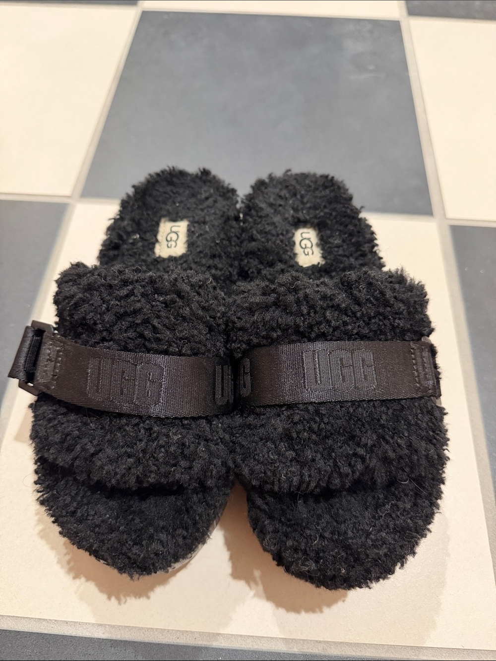 UGG  Black Fuzzy Slide Platform Sandals